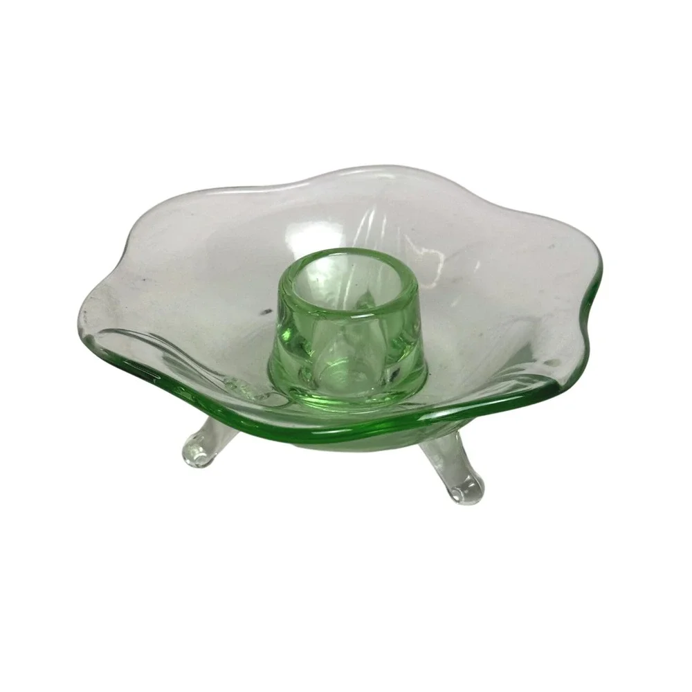 Fenton Uranium Glass Lotus‎ 6 Petal 3 Footed Green Candle Holder UV Reactive